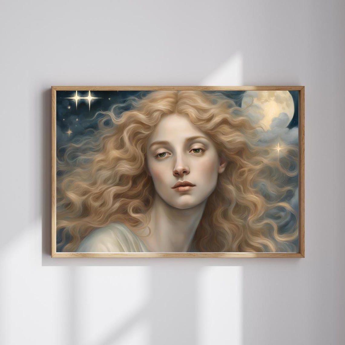 Celestial Moon Goddess Golden Portrait Night Stars Art Poster