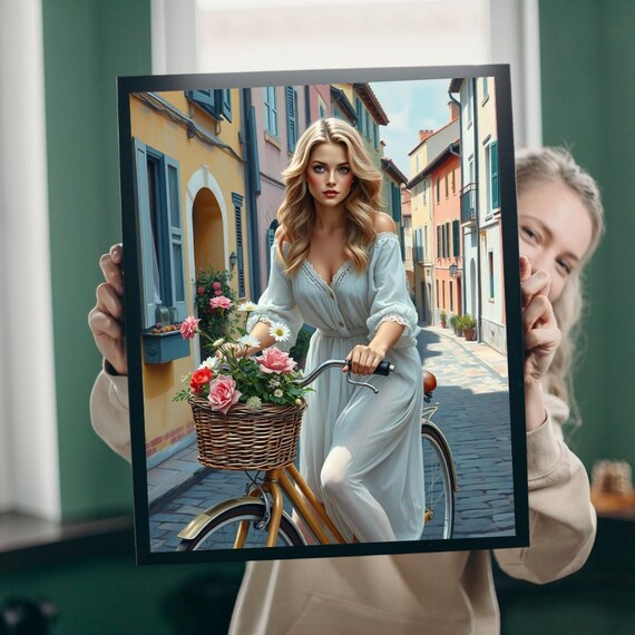 Woman Bicycle Flower Basket European Old Town Street Art Poster