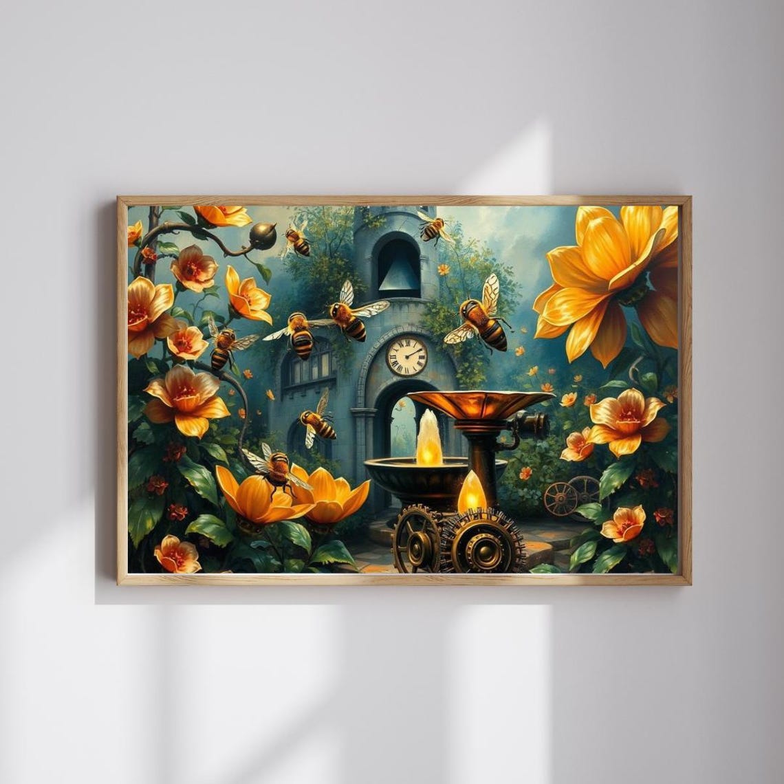 Steampunk Honeybee Flower Garden Brass Gears Clock Tower Art Print