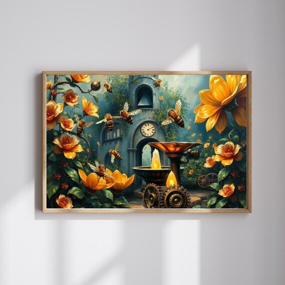 Steampunk Honeybee Flower Garden Brass Gears Clock Tower Art Print