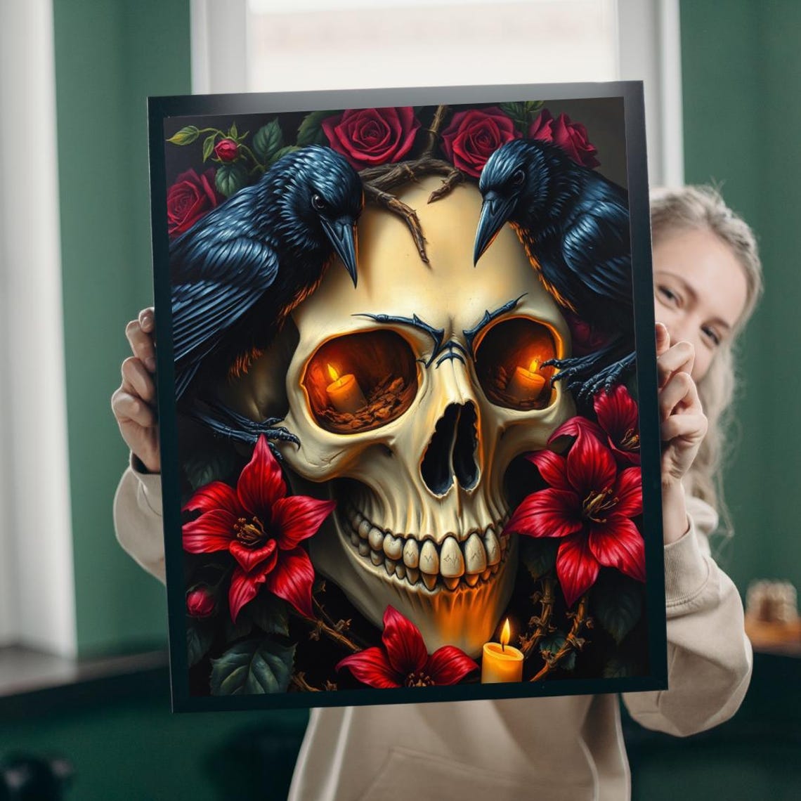 Skull Ravens Red Roses Gothic Floral Dark Fantasy Art Poster