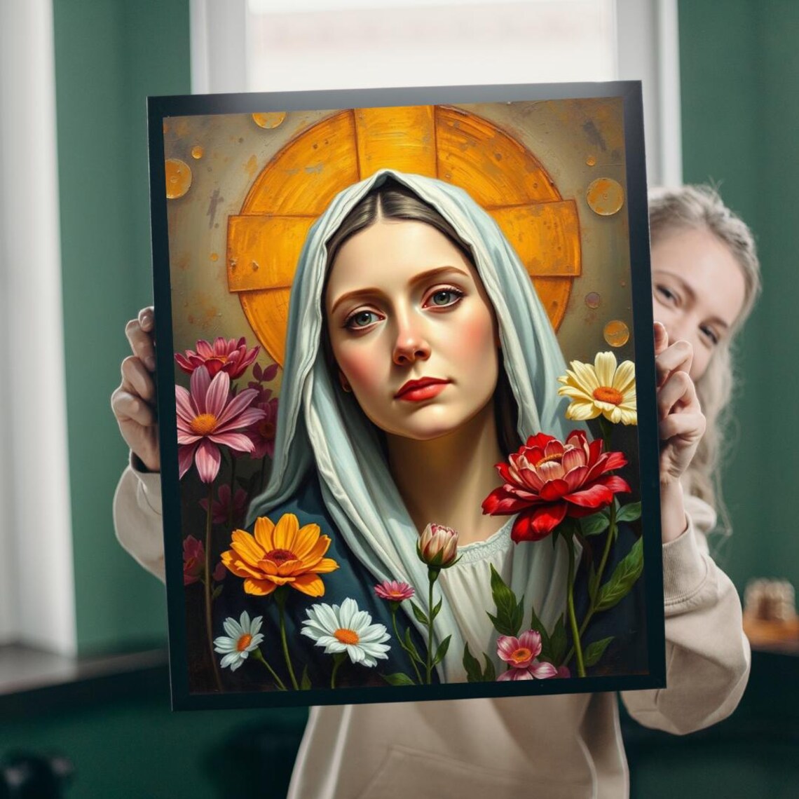 Saint Therese with Golden Halo Among Blooming Flowers Devotional Poster