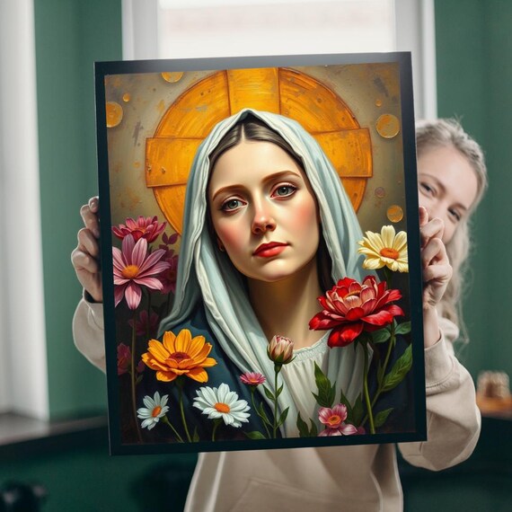 Saint Therese with Golden Halo Among Blooming Flowers Devotional Poster