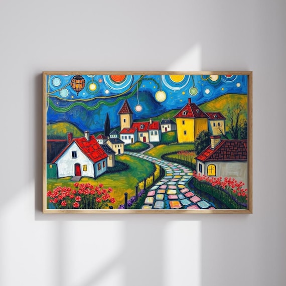 Whimsical Village At Night Starry Sky Colorful Cottage Houses Wall Art