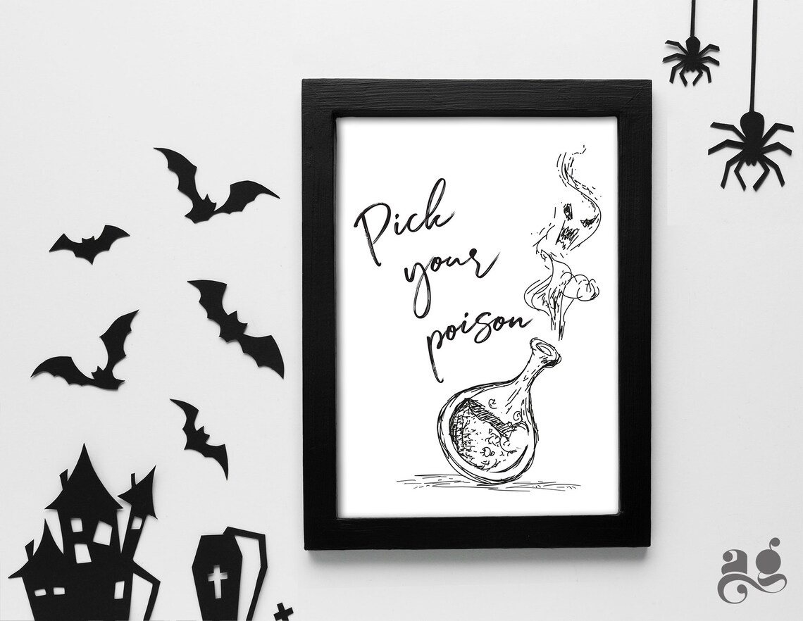 Pick Your Poison Halloween Poster with Potion Bottle, Spooky Bar Decor Sign - Image 3