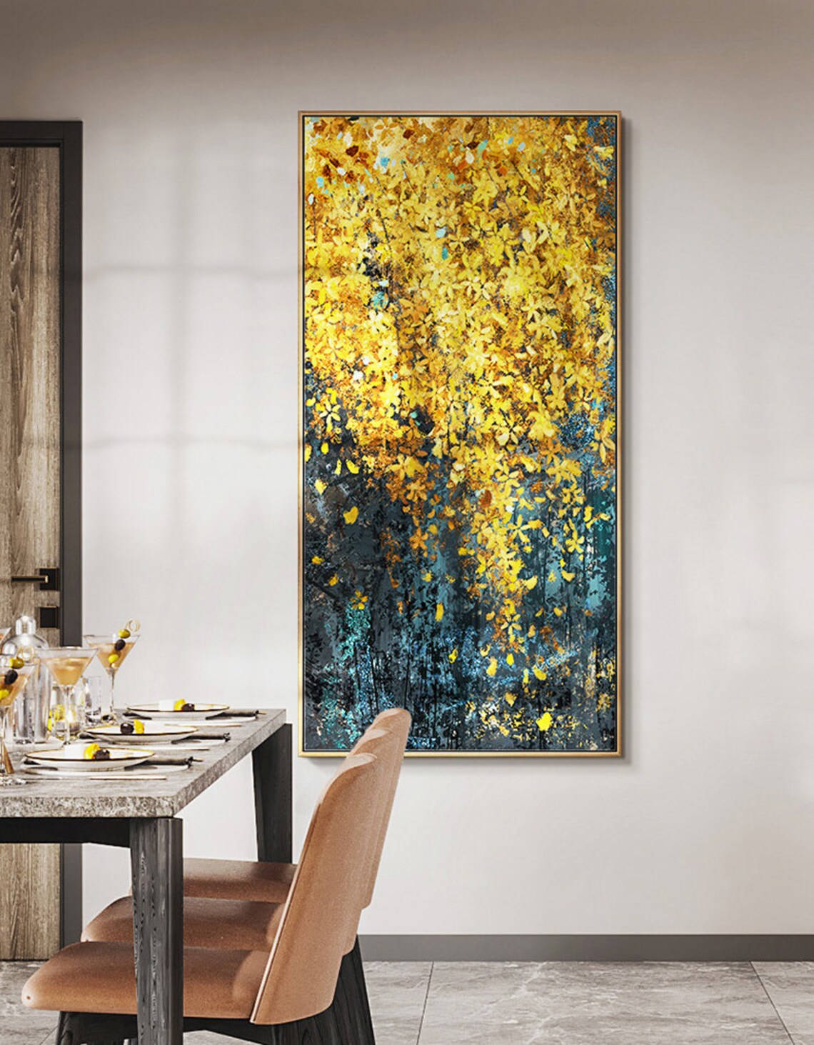 Yellow Bloom Abstract Oil Painting, Dark Turquoise - Image 5