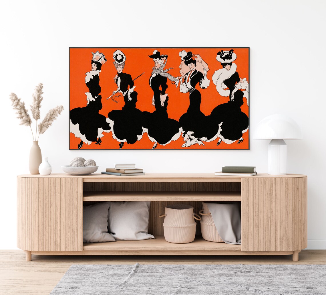 Five Dancing Women in Black Gowns Vintage Orange Illustration Poster - Image 4