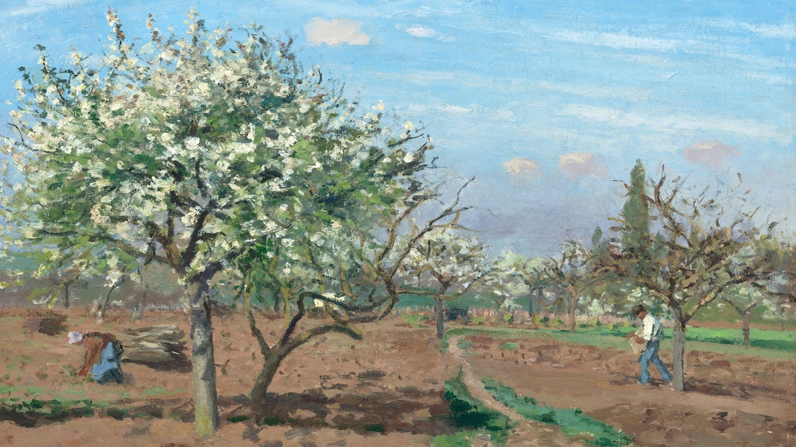 Blossoming Spring Orchard with Farm Workers Vintage Landscape Poster - Image 2