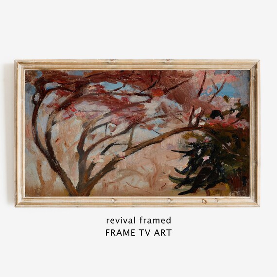 Windswept Autumn Tree Impressionist Oil Painting with Red Foliage Poster