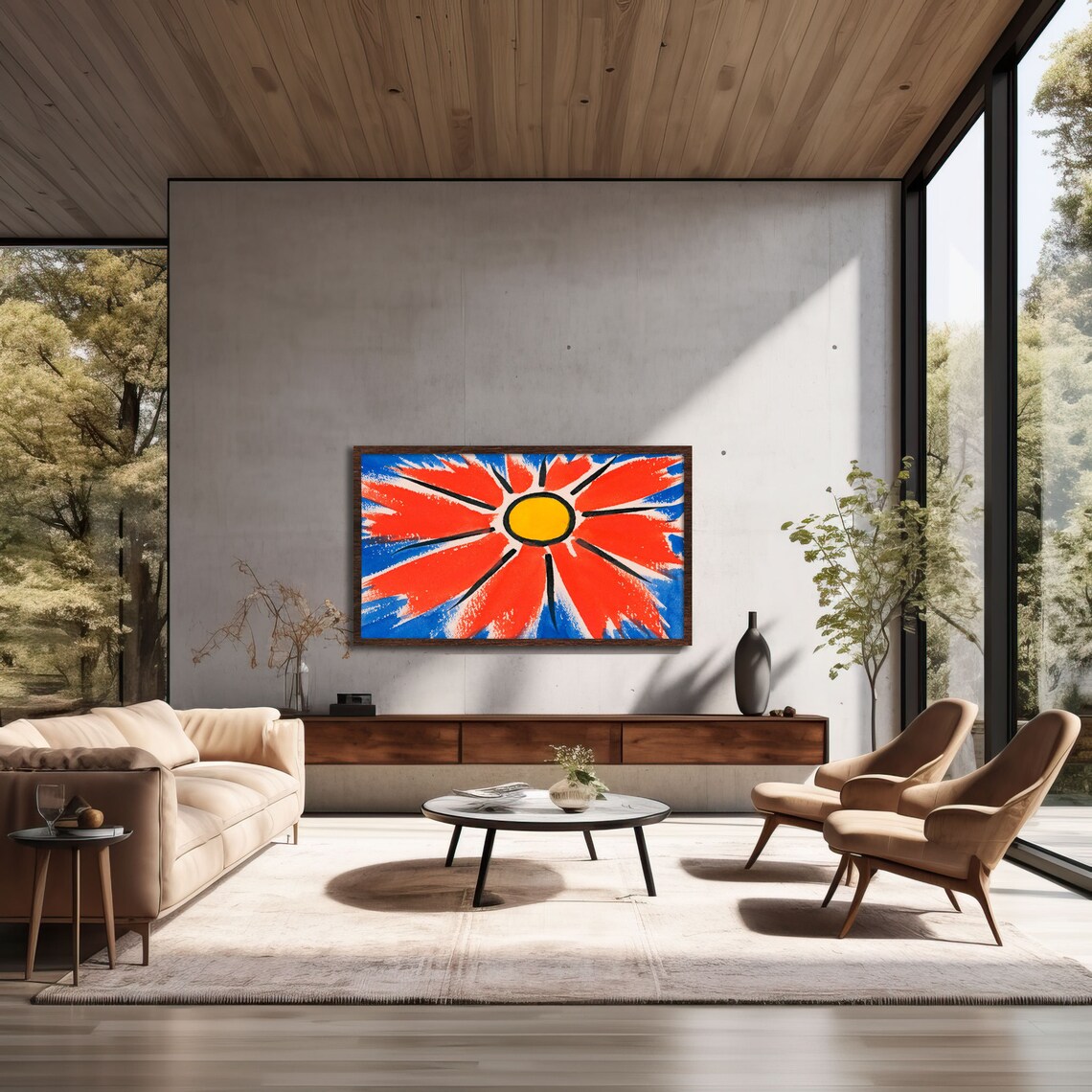 Bold Abstract Red Flower Sunburst Painting on Blue Fauvist Style Poster - Image 3