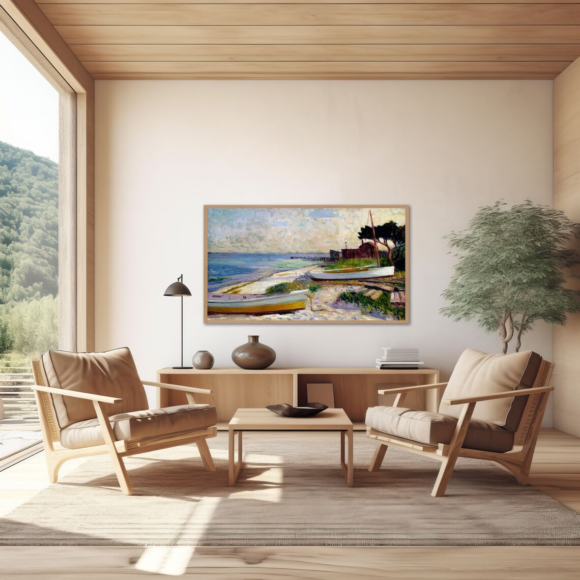 Impressionist Shoreline Painting with Rowboats Boathouse and Sailboat Poster - Image 3