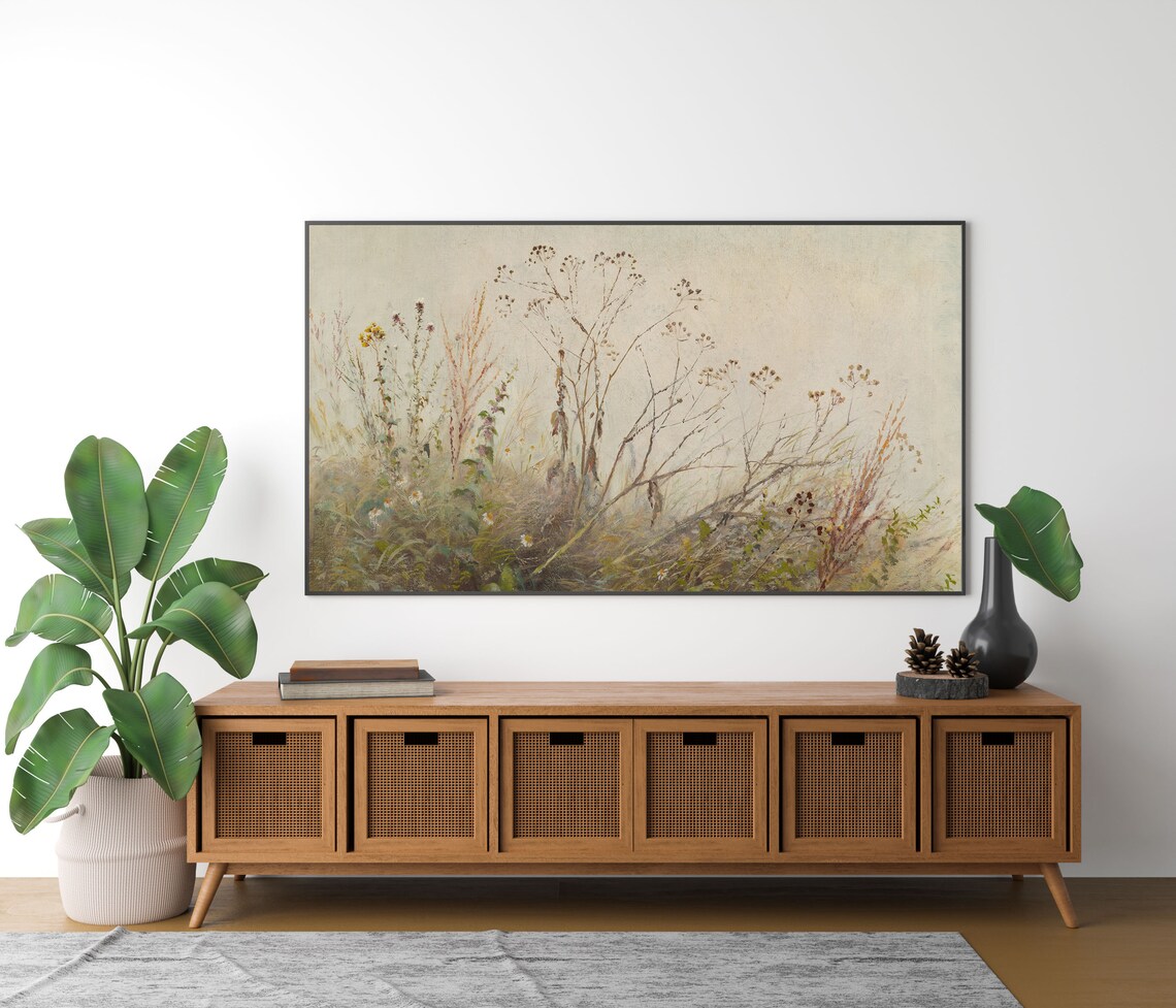 Muted Wildflower Meadow Soft Grasses Neutral Vintage Botanical Style Wall Art - Image 3