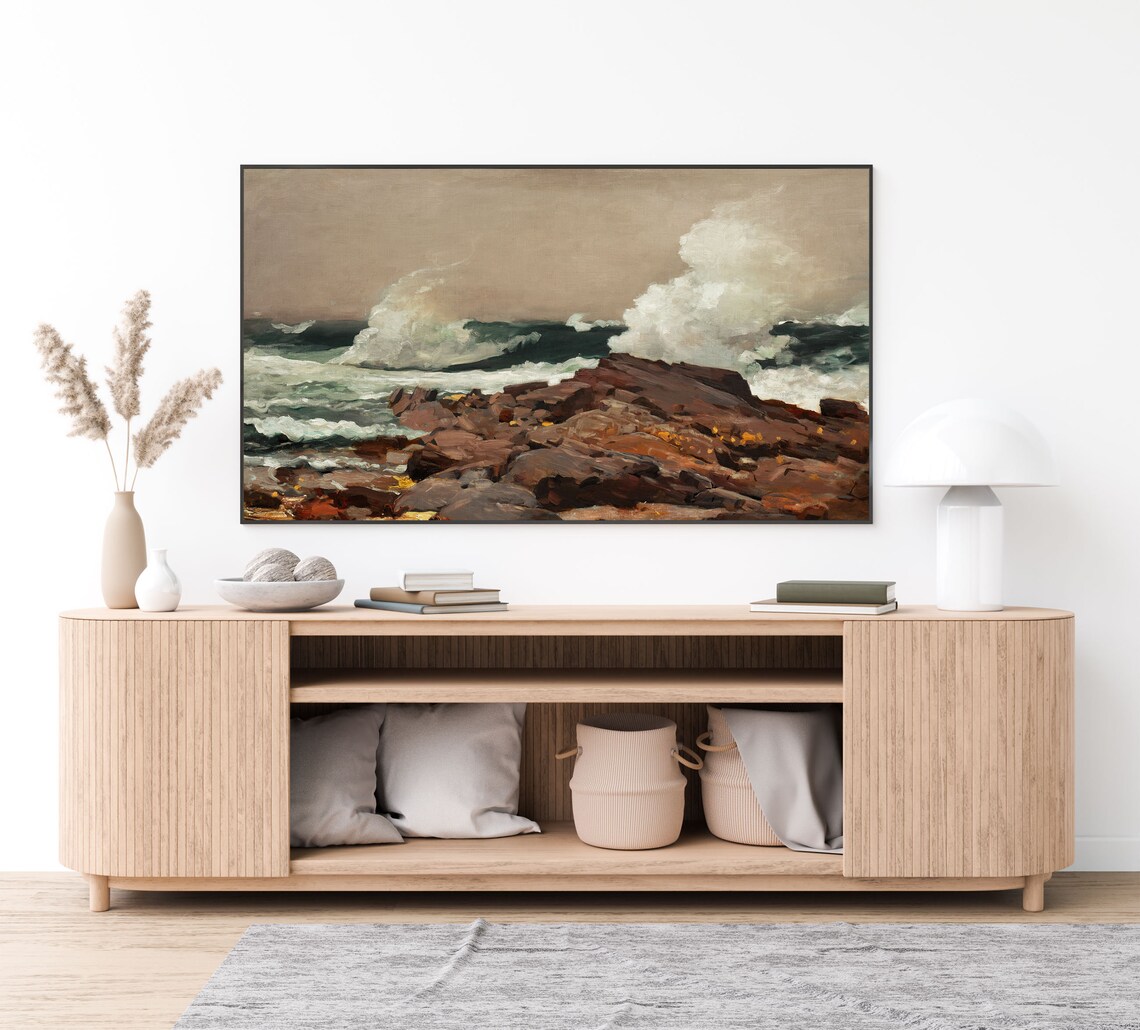 Crashing Waves Rocky Shore Dramatic Ocean Spray Vintage Coastal Painting Poster - Image 2