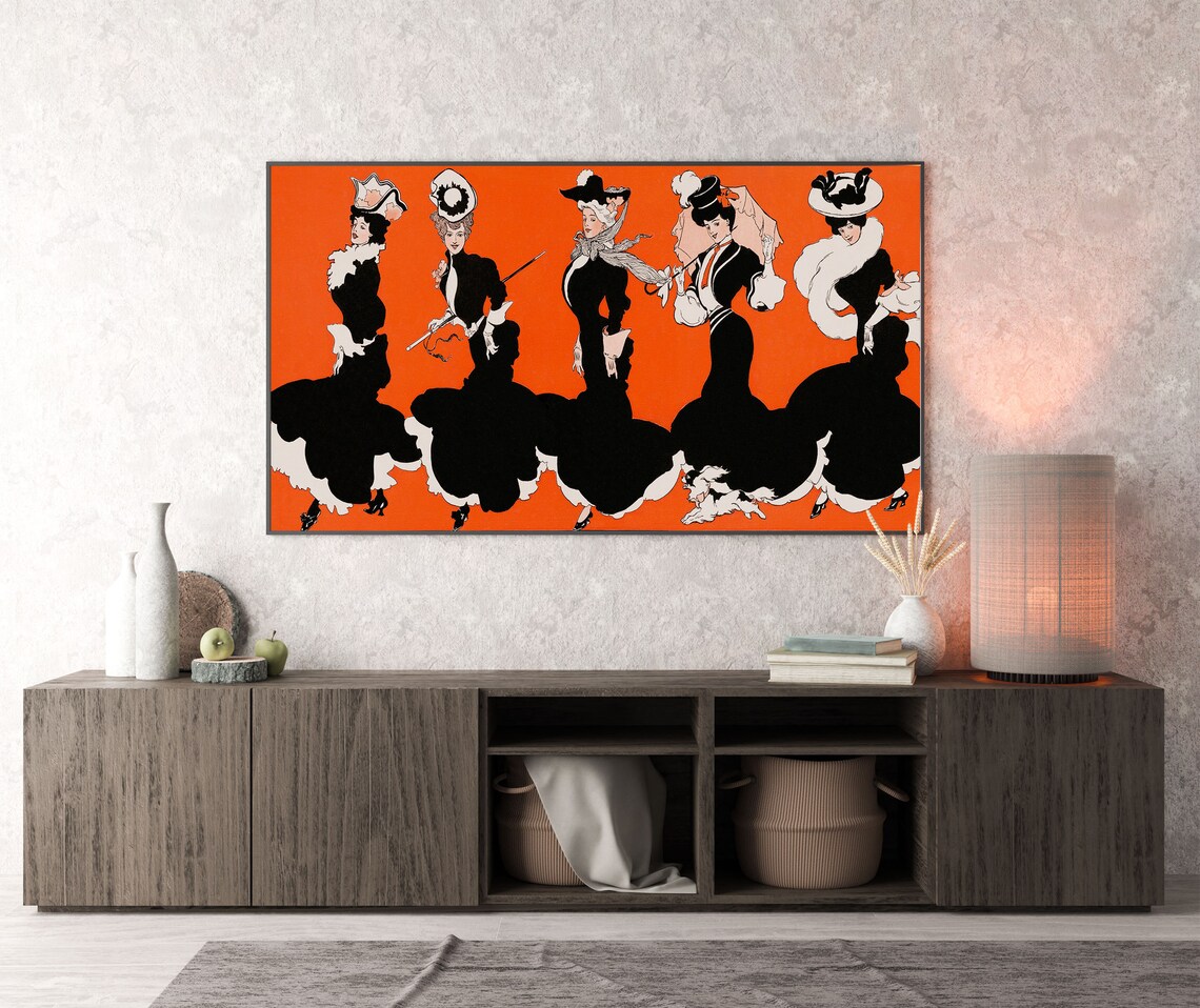Five Dancing Women in Black Gowns Vintage Orange Illustration Poster - Image 3