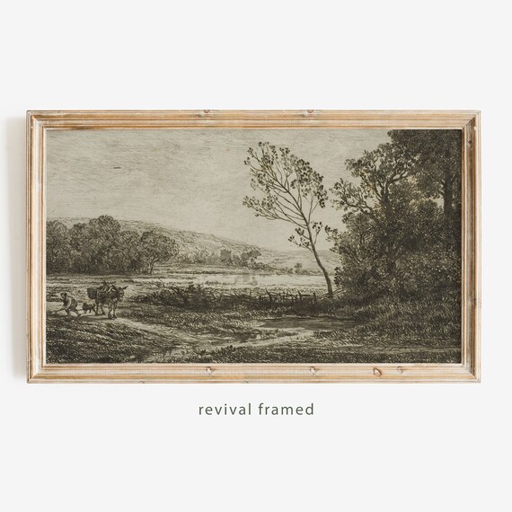 Sepia Etching of Country Road with Cart by a Quiet Stream Poster