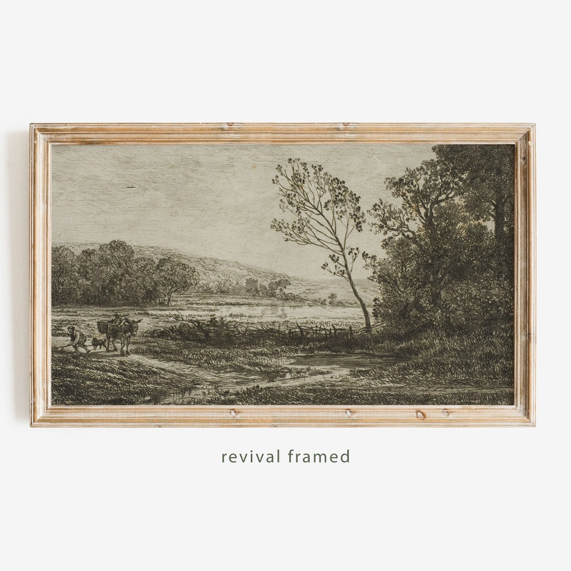Sepia Etching of Country Road with Cart by a Quiet Stream Poster