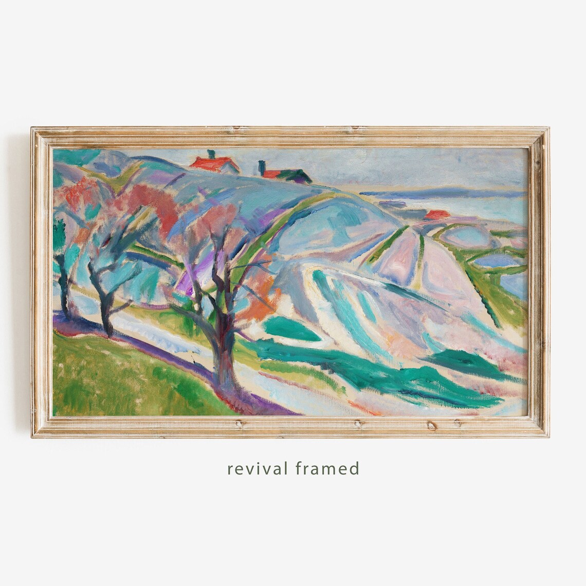 Fauvist Hills with Red Roofed Houses Colorful Landscape Poster