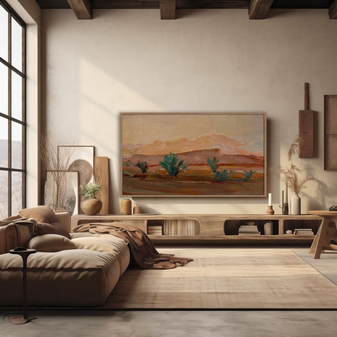 Desert Cactus Landscape Painting with Red Mesas and Teal Cacti Poster - Image 4