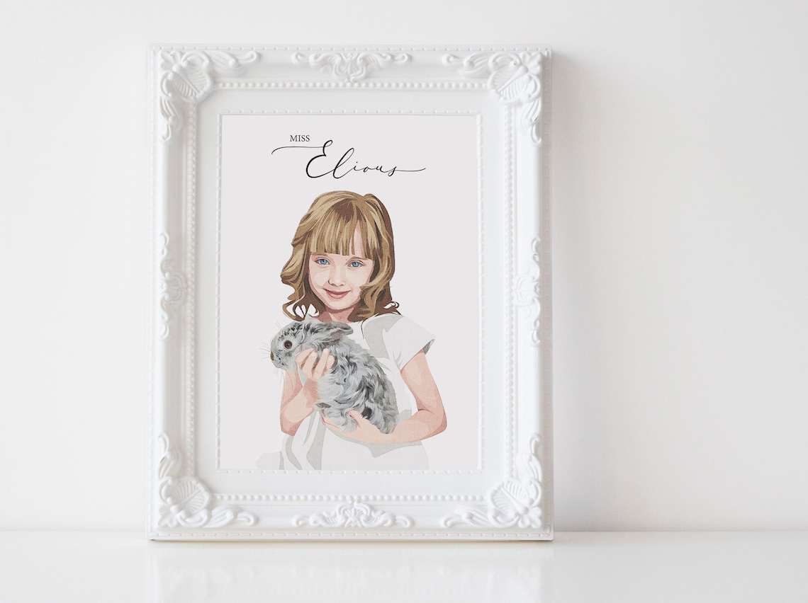Personalized Little Girl with Pet Rabbit Portrait Illustration Poster