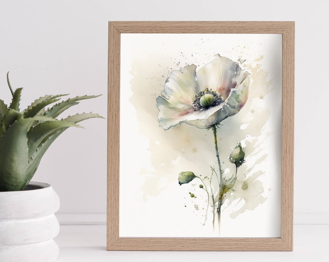 White Poppy Flower Watercolor Botanical Minimalist Wall Poster