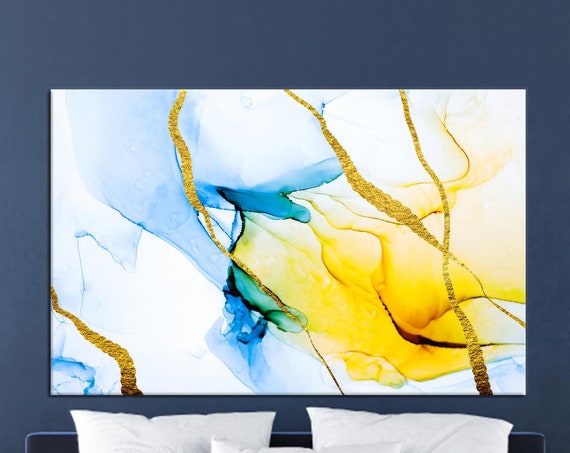 Abstract Marble Canvas Art Blue Yellow And Gold Poster