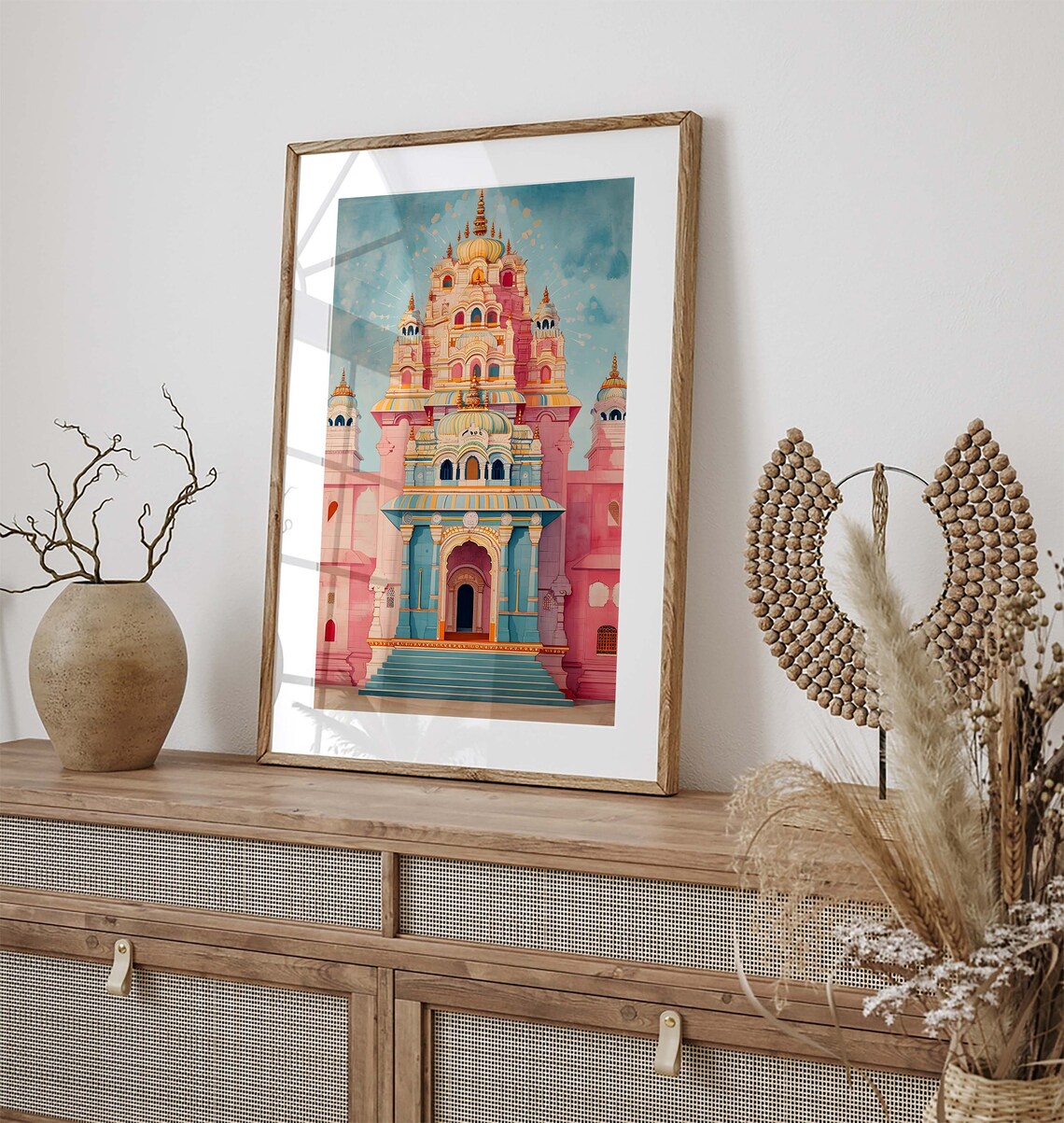 Pink Indian Temple Watercolor Tiered Tower Spiritual Art Poster - Image 3