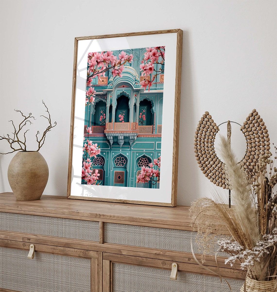 Teal Jaipur Palace Facade Pink Cherry Blossoms Spring Art Poster - Image 3