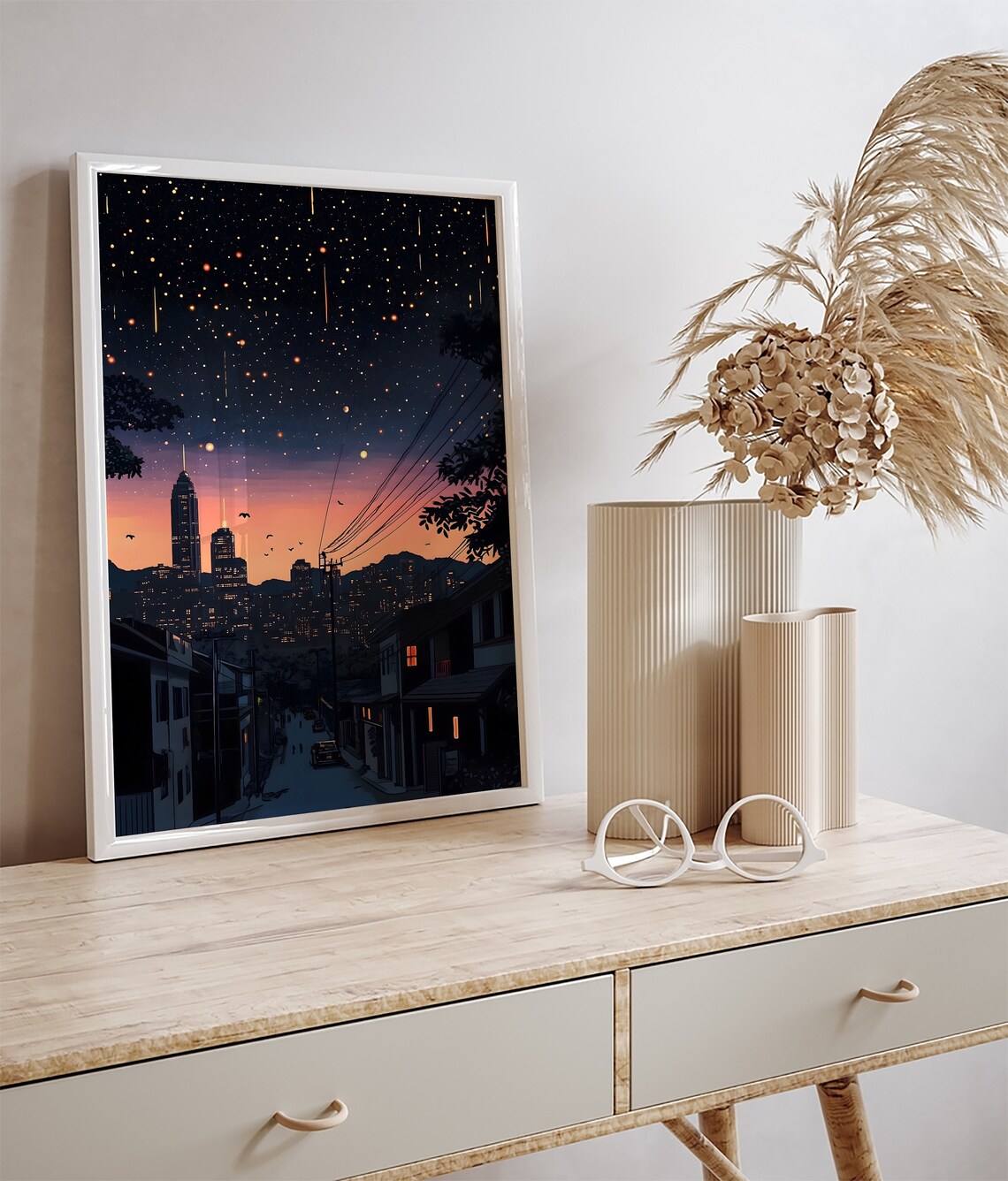Shooting Stars Night Skyline City Street Anime Painting Style Poster - Image 3