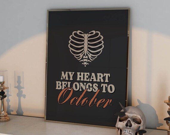 My Heart Belongs to October Spooky Ribcage Retro Halloween Poster