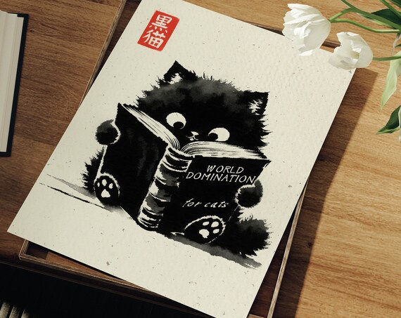 Black Cat Reading World Domination Book Funny Animal Art Print