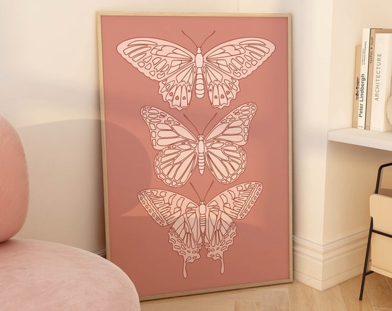 Butterflies Wall Art Blush Pink Room Decor Aesthetic Blush Pink Wall Art Trendy Apartment Decor Teen Bedroom Decor Y2k Aesthetic Poster