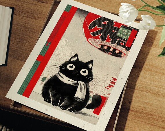 Cute Black Cat Japanese Ukiyo-e Style Winter Temple Lantern Red Poster