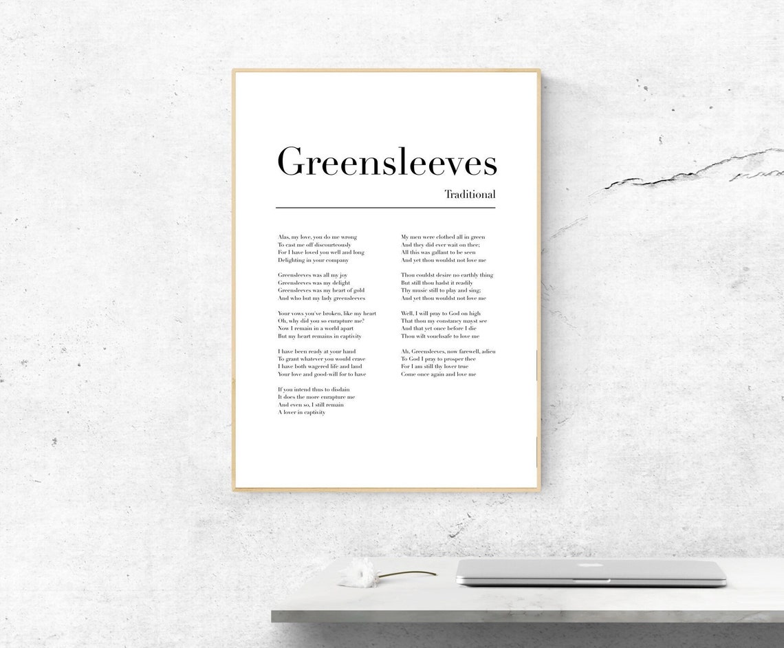 Greensleeves Traditional Song Lyrics Minimalist Typography Poster