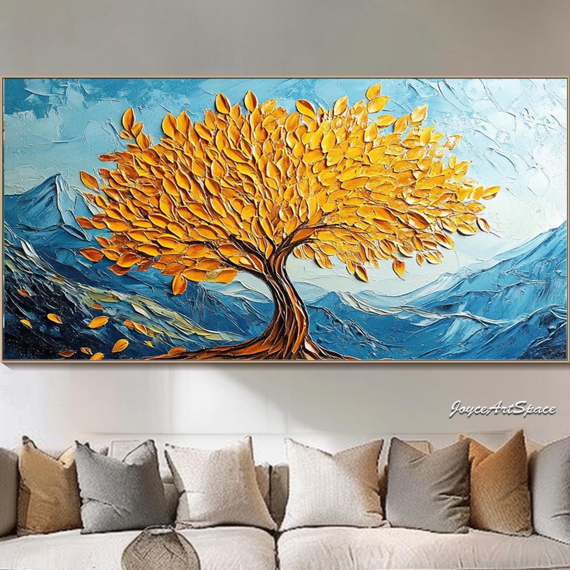 Golden Tree of Life 3D Impasto Blue Mountain Landscape Wall Art