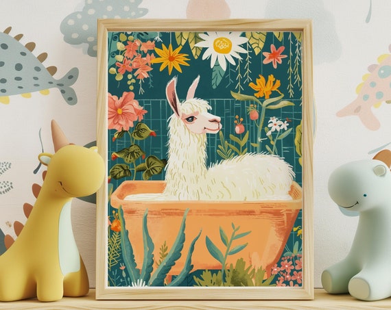 Llama Wall Art Print On Fine Art Paper Cute Boho Kids Room Decor Cuddly Fluffy Animal Poster Maximalist Eclectic Tropical Plants Bathroom