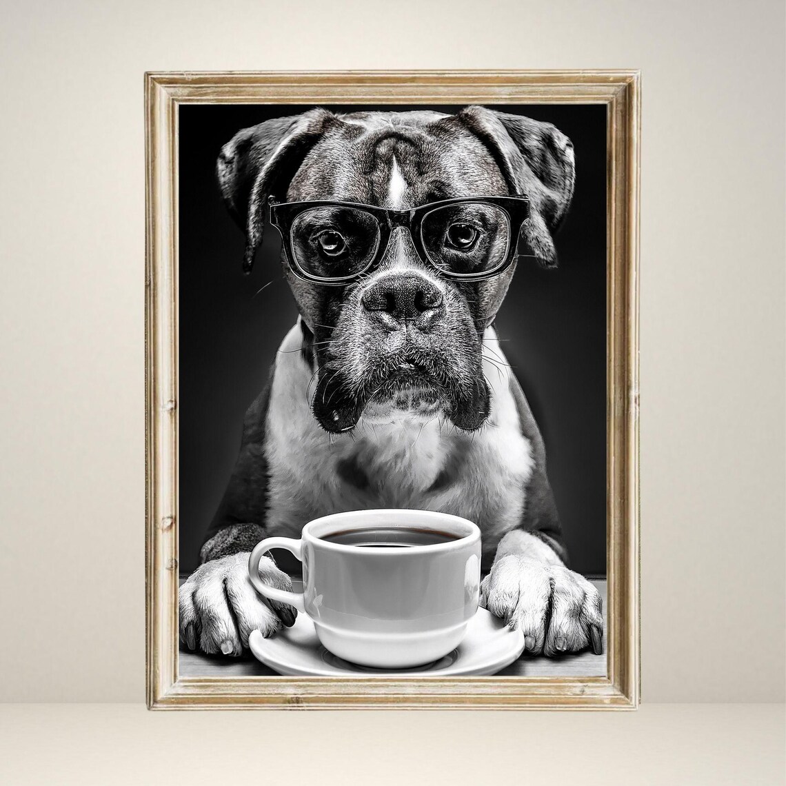 Boxer Dog Drinking Coffee, Funny Kitchen Art Print