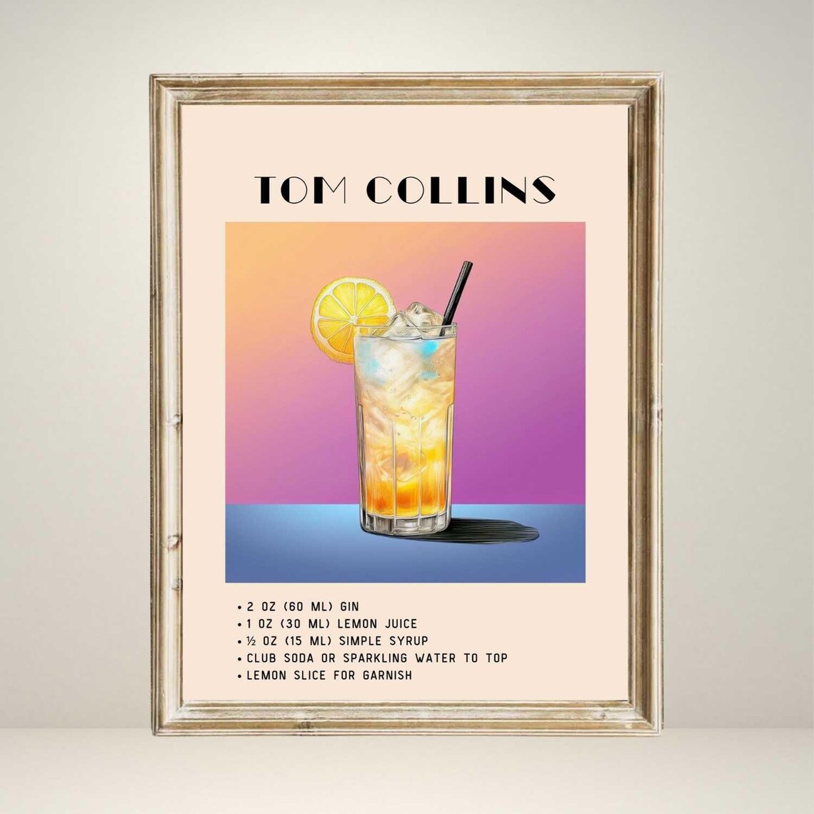 Tom Collins Cocktail, Yellow Minimalist Retro Art - Image 4