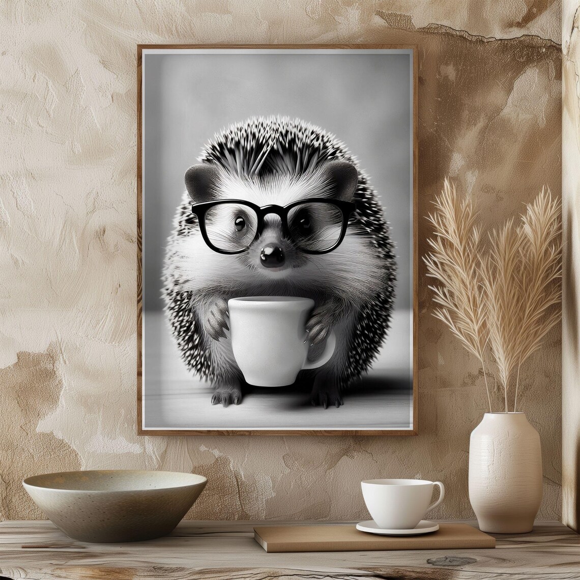 Hedgehog Cute Animal Drinking Coffee, Vintage Poster