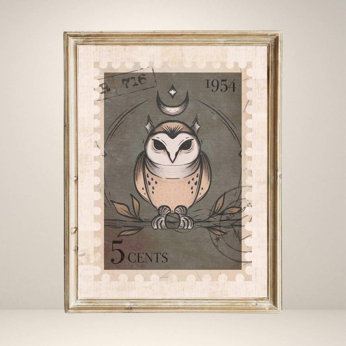 Vintage Owl Moon Mystic Art Print, Nursery Decor