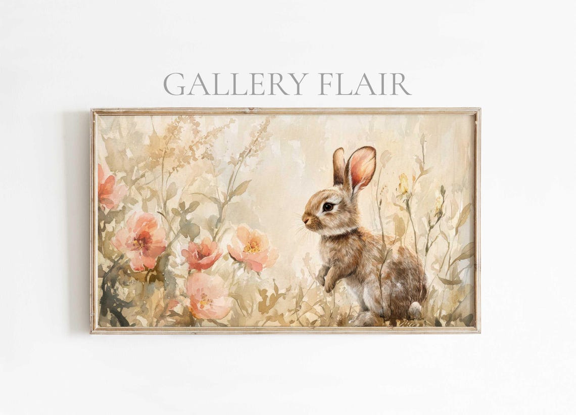 Brown Bunny Among Soft Pink Blossoms Watercolor Spring Wall Art