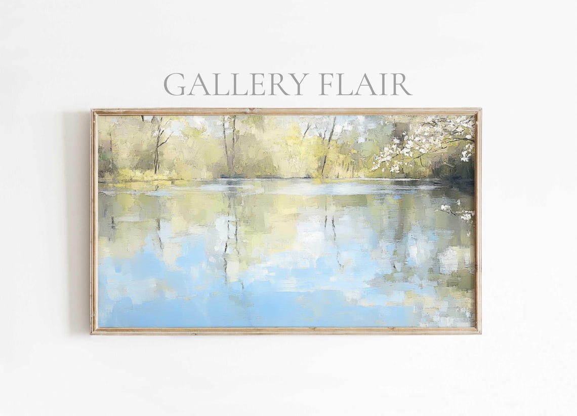 Tranquil Spring Lake Mirror Reflection Trees Impressionist Poster