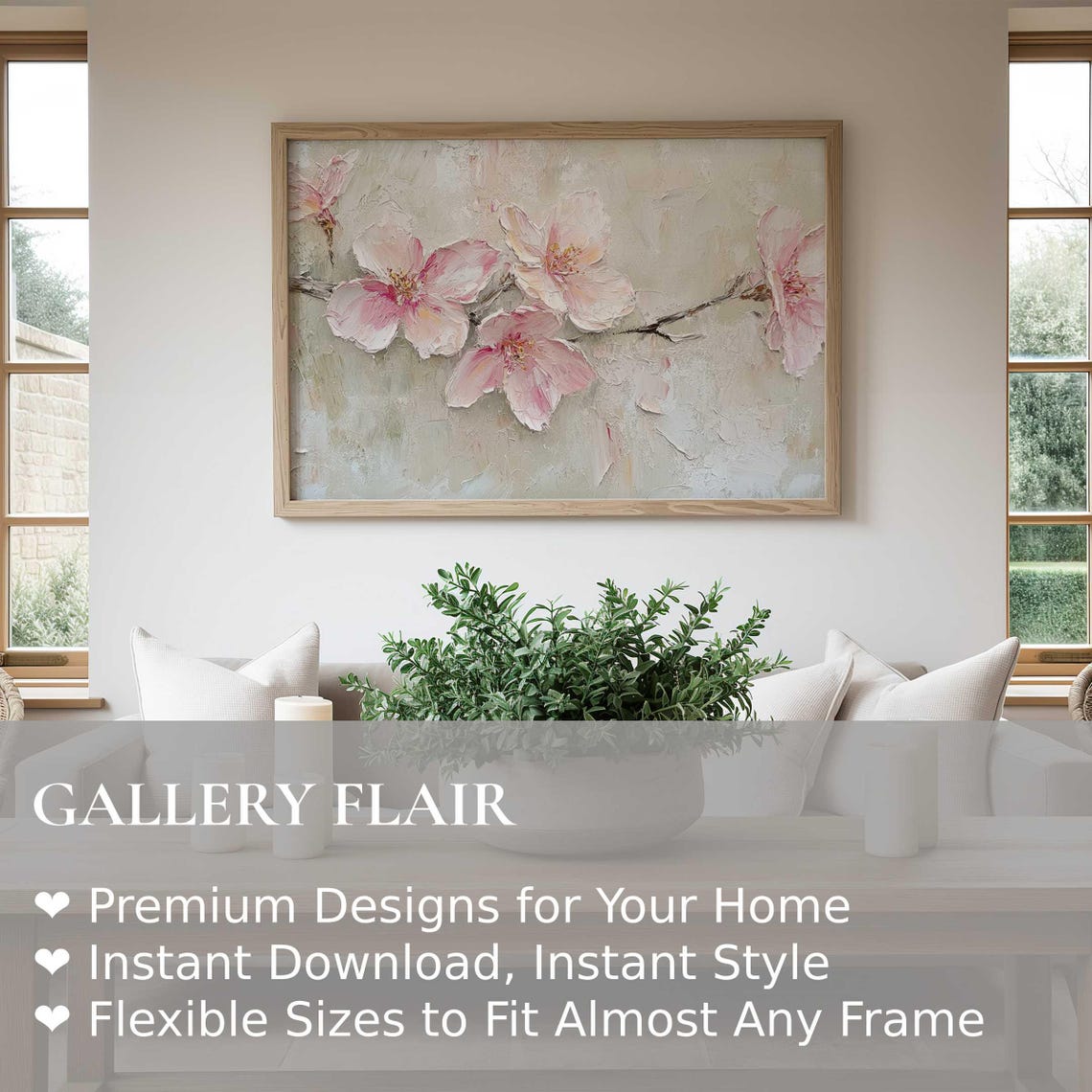 Pink Cherry Blossom Close Up Impasto Flower Painting Wall Art - Image 2
