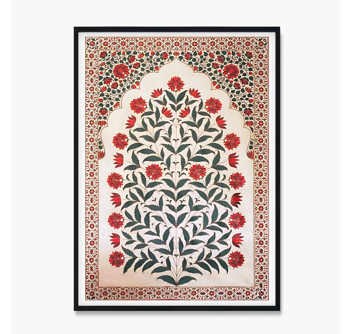 Traditional Indian Mughal Floral Jaal Red and Green Folk Art Poster - Image 3