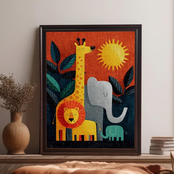 Colorful Jungle Safari Animals Nursery Giraffe Elephant Lion Poster