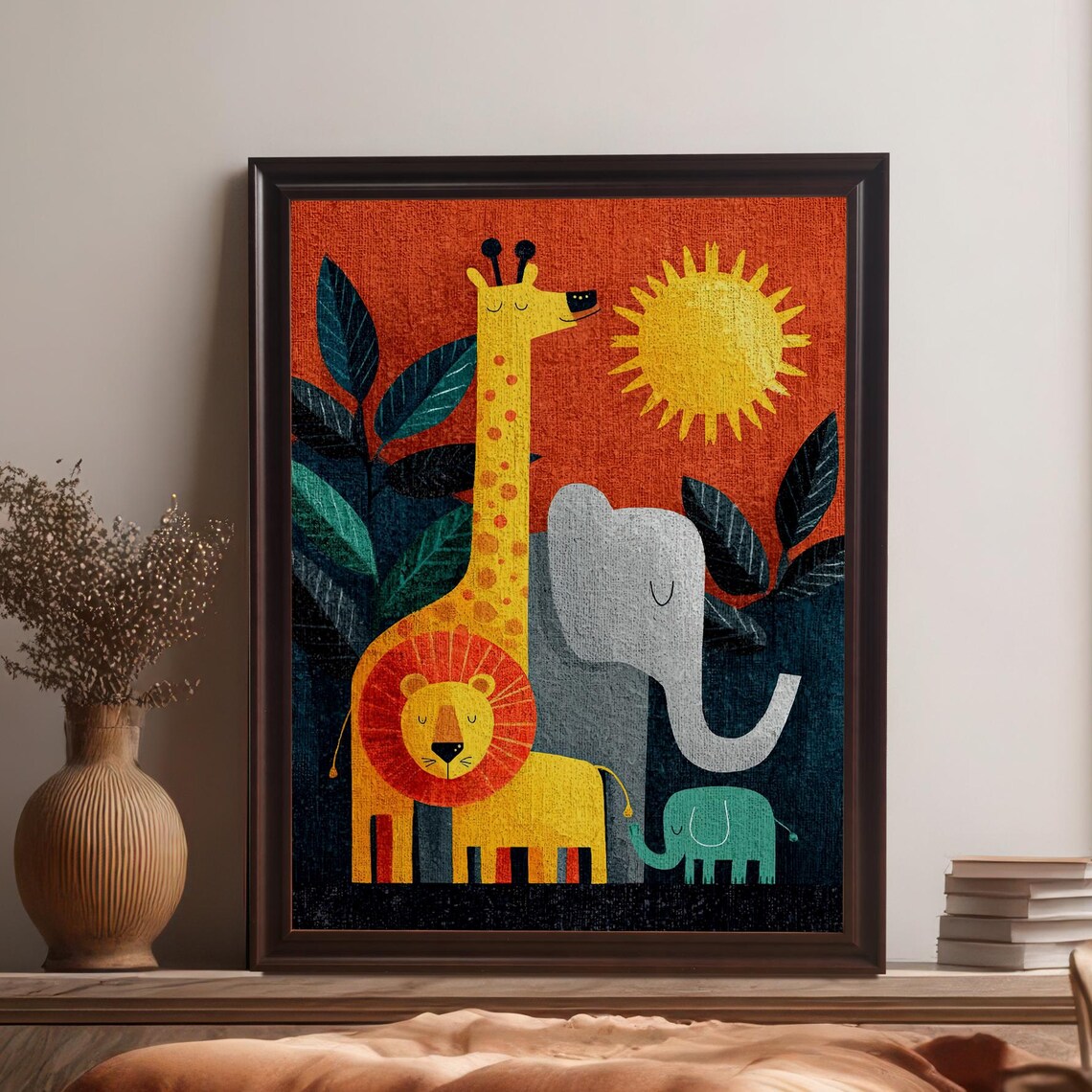Colorful Jungle Safari Animals Nursery Giraffe Elephant Lion Poster