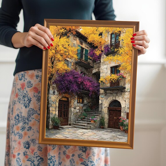 Tuscan Autumn Courtyard Wood Framed Wall Art Painting Print