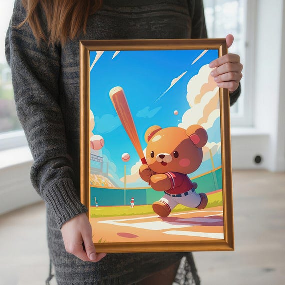 Teddy Bear Baseball Player Wood Framed Wall Art Poster Sports Theme Boys Room Decor