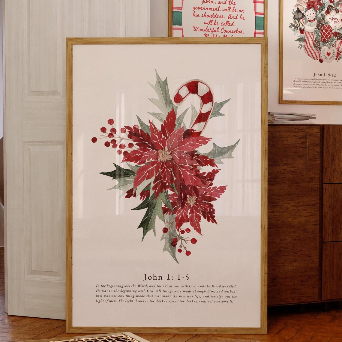 Christian Christmas Poinsettia Bible Verse Art Print
