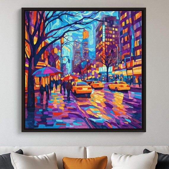 Neon City Nightscape Canvas Oil Painting Print Rainy Streets Urban Glow Giclee Fine Art Bustling Crowds Vibrant Downtown Wall Decor
