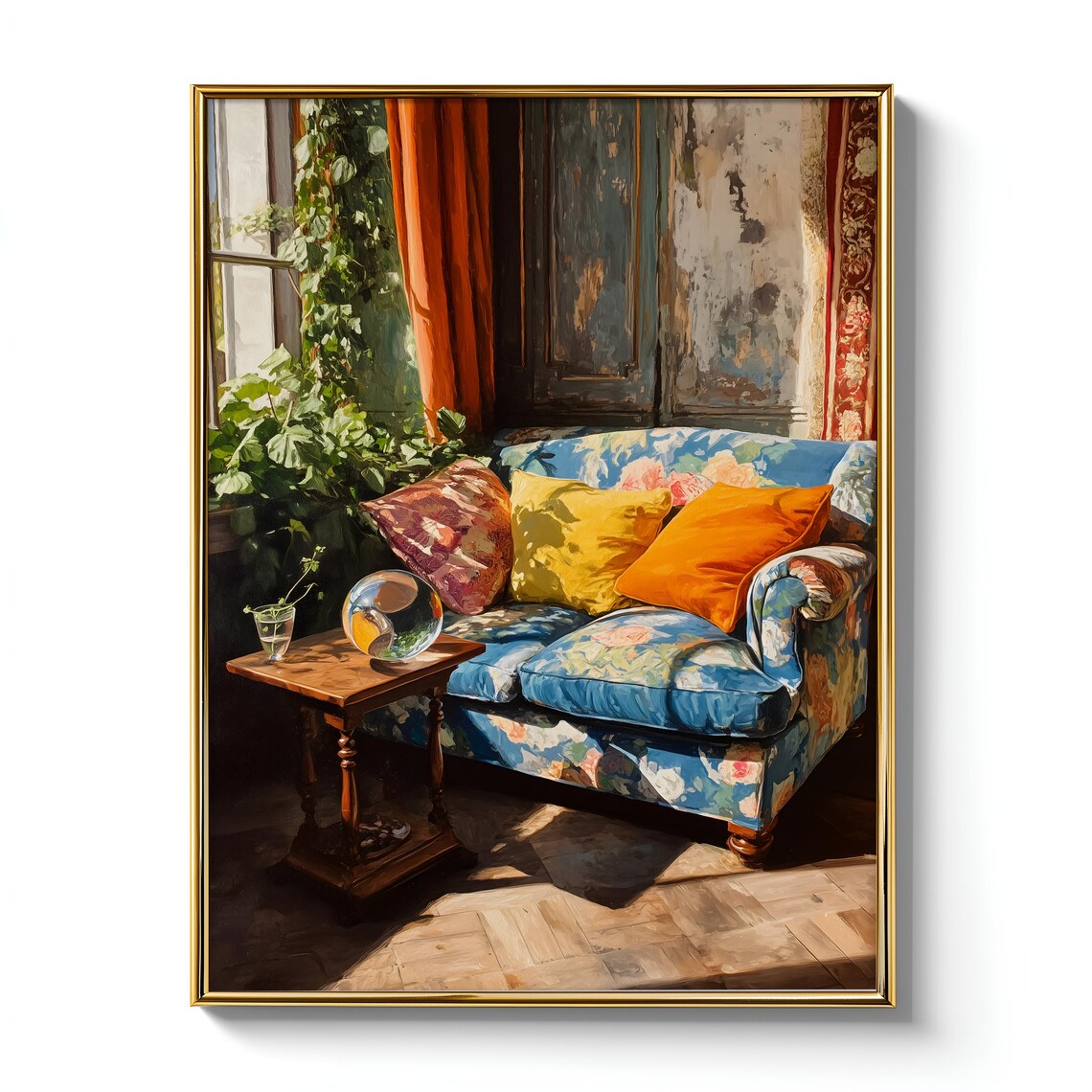 Sunlit Living Room With Patterned Sofa, Boho Wall Art